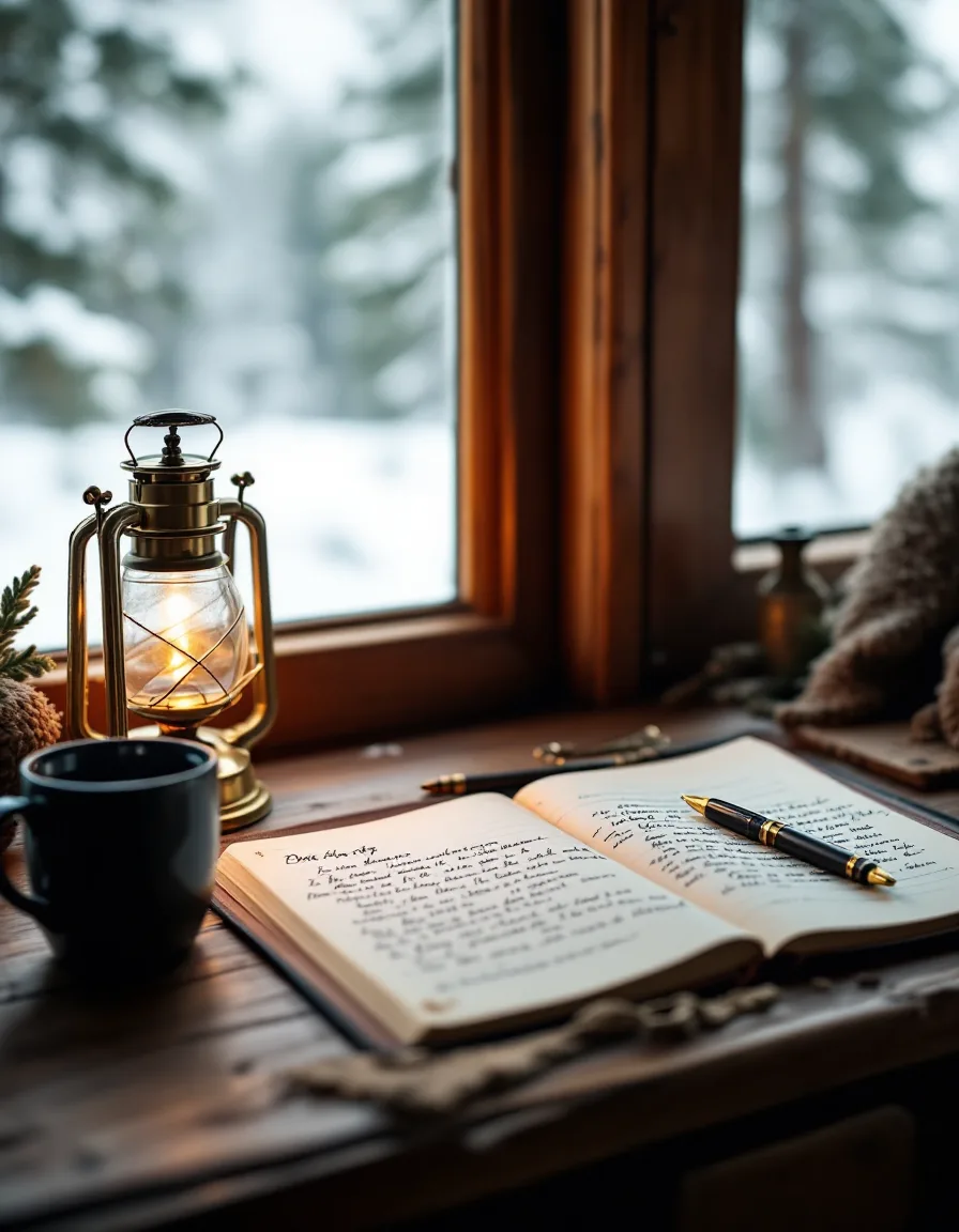 A brass lantern glowing over an open ledger and marked-up draft pages on a mountain-cabin desk at dawn.