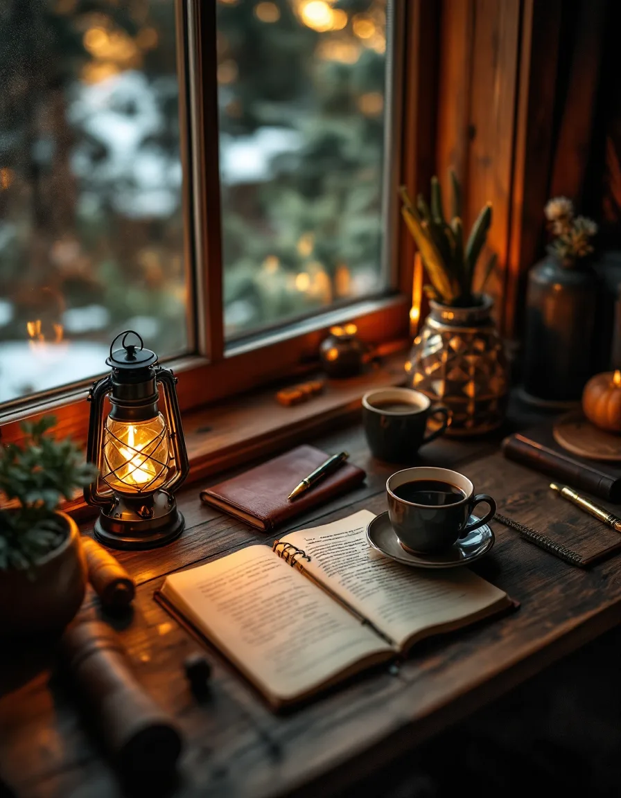 A lit brass lantern beside an open notebook and a steaming mug on a wooden desk in warm morning light.